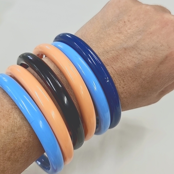 Vtg 80s Colorful Bangle Set, Peach, Navy, Brown & Blue - Picture 2 of 4